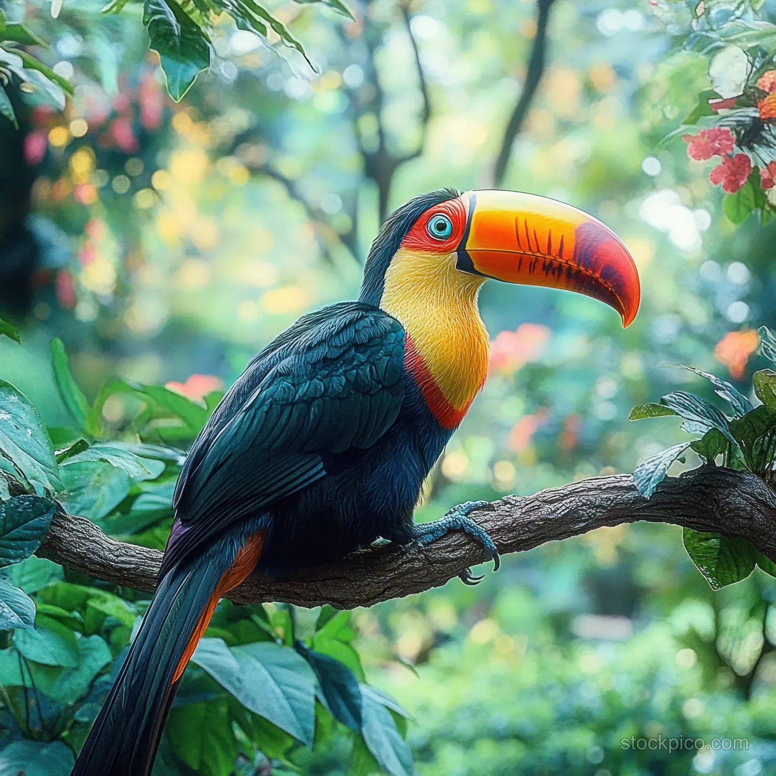 A toucan with an orange and yellow beak perches on a tree branch amid lush green leaves in soft sunlight.