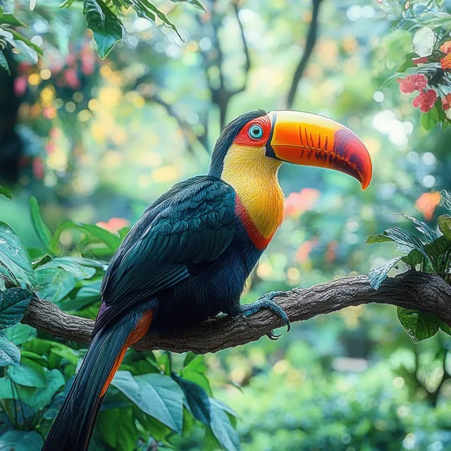 Toucan perched on a branch among lush green leaves with soft sunlit bokeh