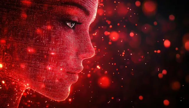 A red digital side-profile face formed by circuit patterns with glowing particles floating on a dark background.