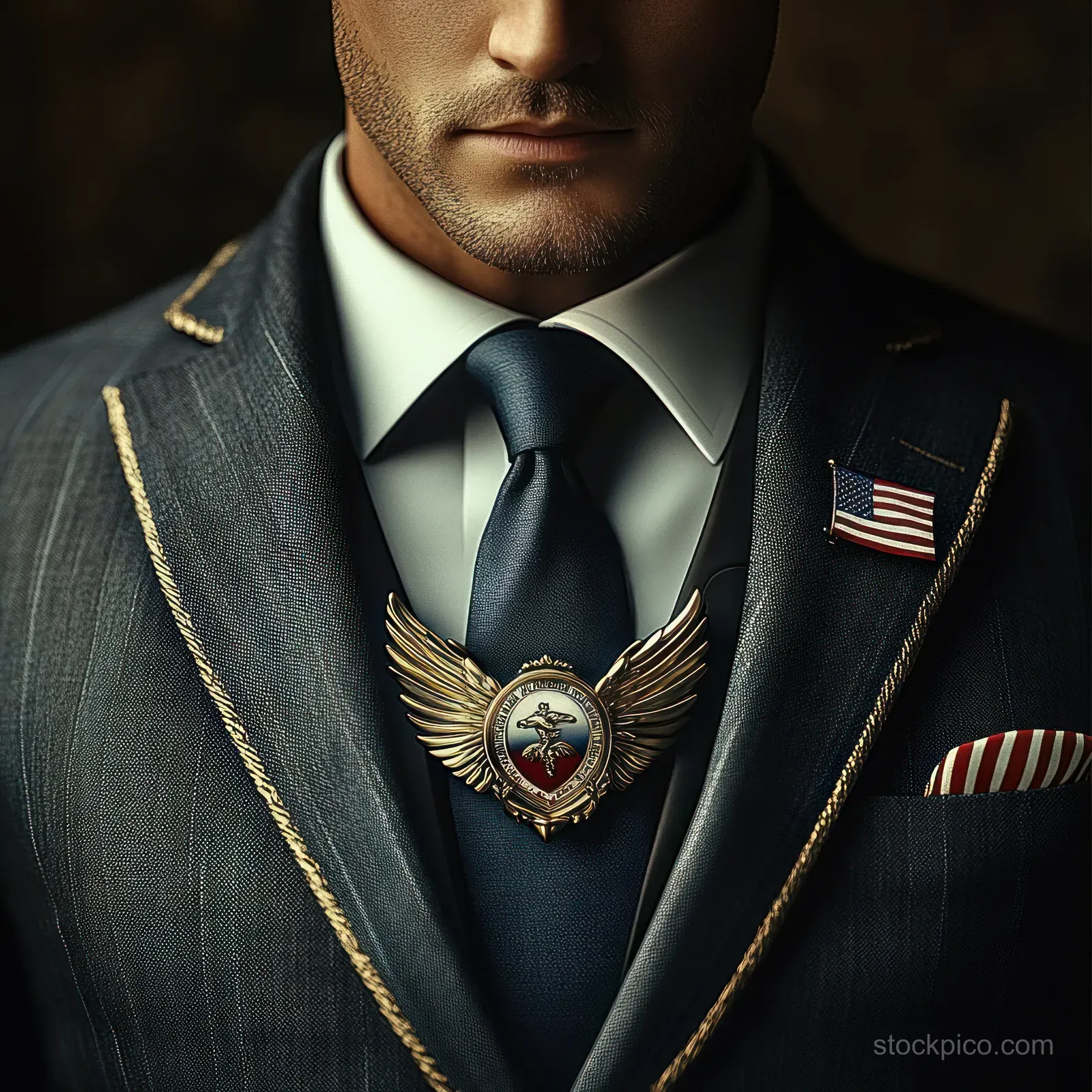 Close-up portrait of a man in a dark suit with winged emblem pendant and American flag lapel pin.