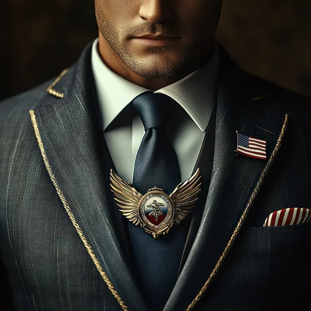 Close-up portrait of a man in a dark suit with winged emblem pendant and American flag lapel pin.