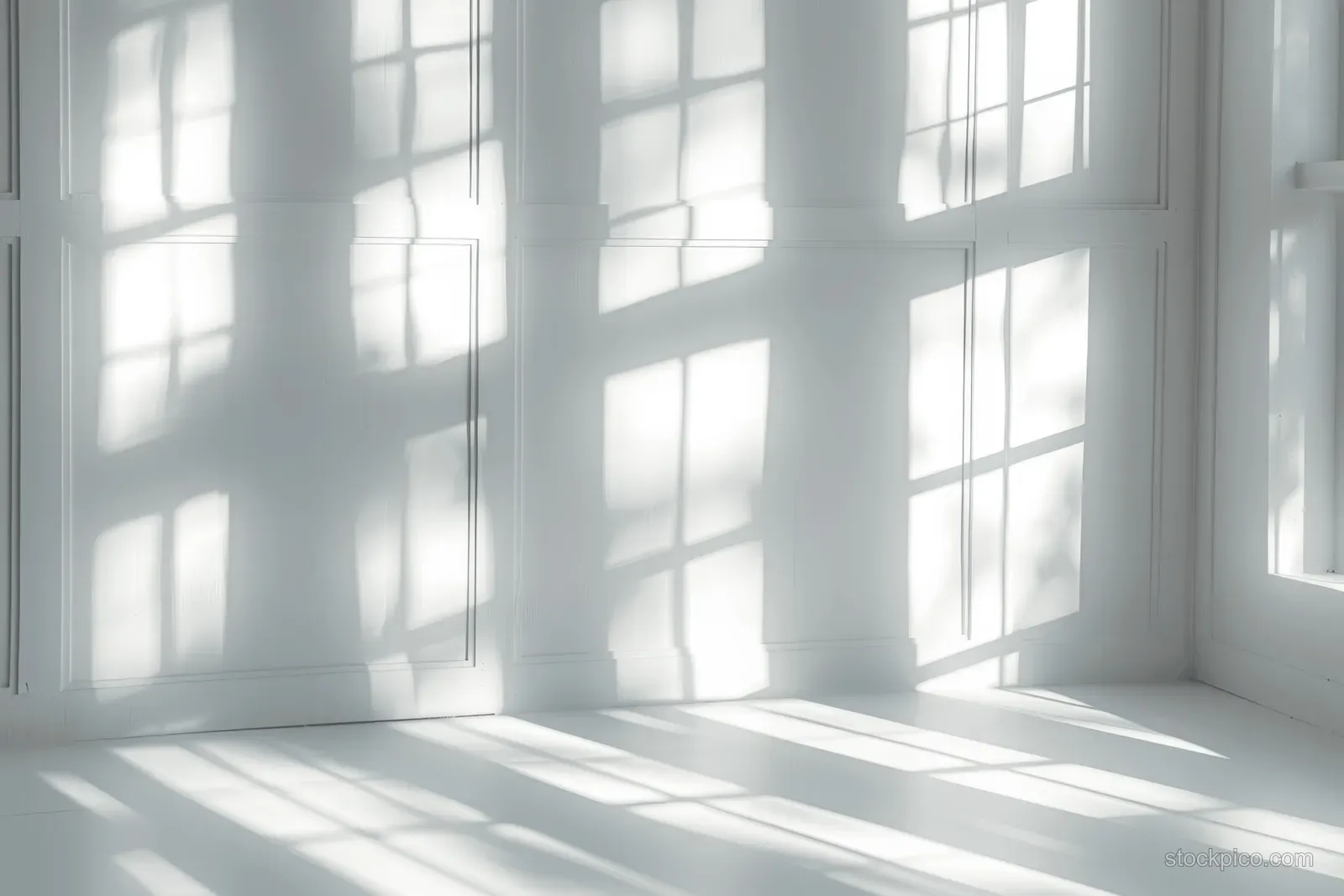 Sunlight through a window creates soft layered shadow overlays on a white minimalist room floor.