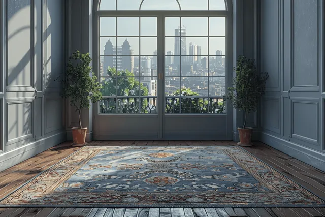 Sunlit elegant living room with tall windows framing a distant city skyline and patterned rug