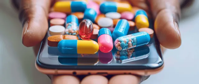 Hands hold a smartphone with colorful pill icons representing medication reminder tracking.