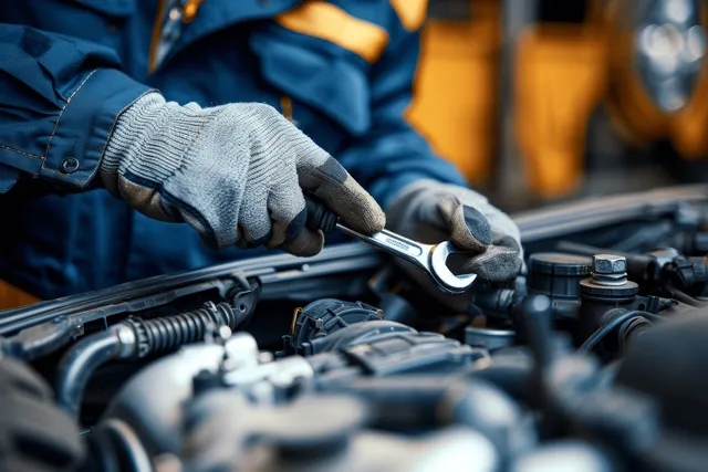 Auto mechanic tightening an engine bolt with wrench inside busy garage workshop
