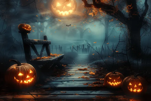 Glowing jack-o-lanterns sit along a misty wooden path in a dark Halloween forest.