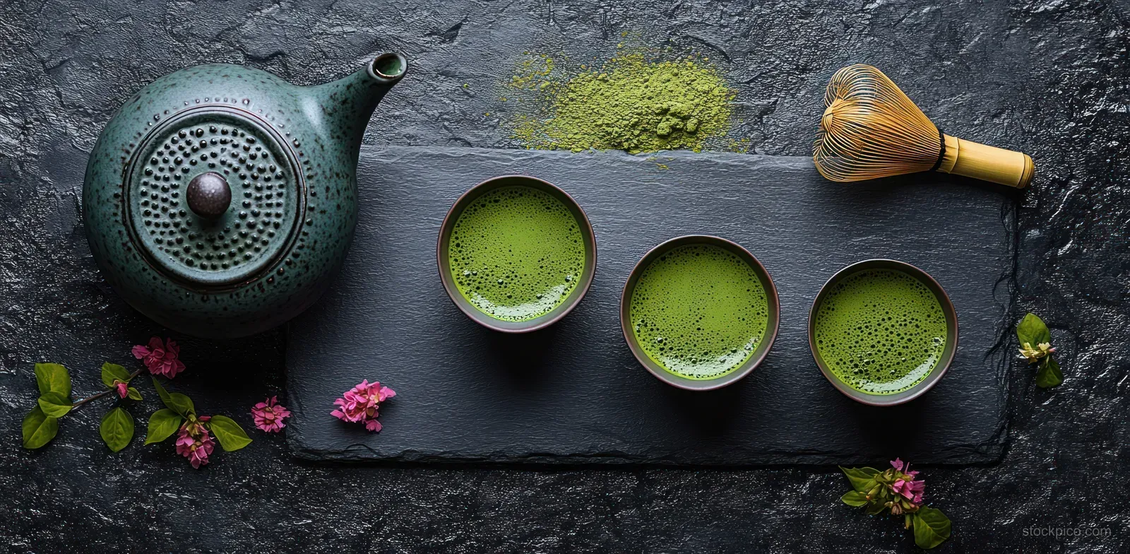 Three matcha tea cups with frothy green tea, a green teapot, bamboo whisk, and pink petals rest on dark stone.