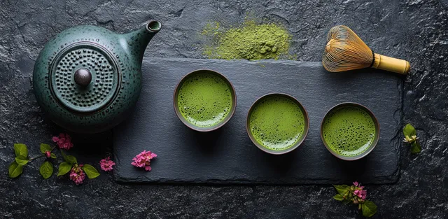 Three matcha tea cups with frothy green tea, a green teapot, bamboo whisk, and pink petals rest on dark stone.