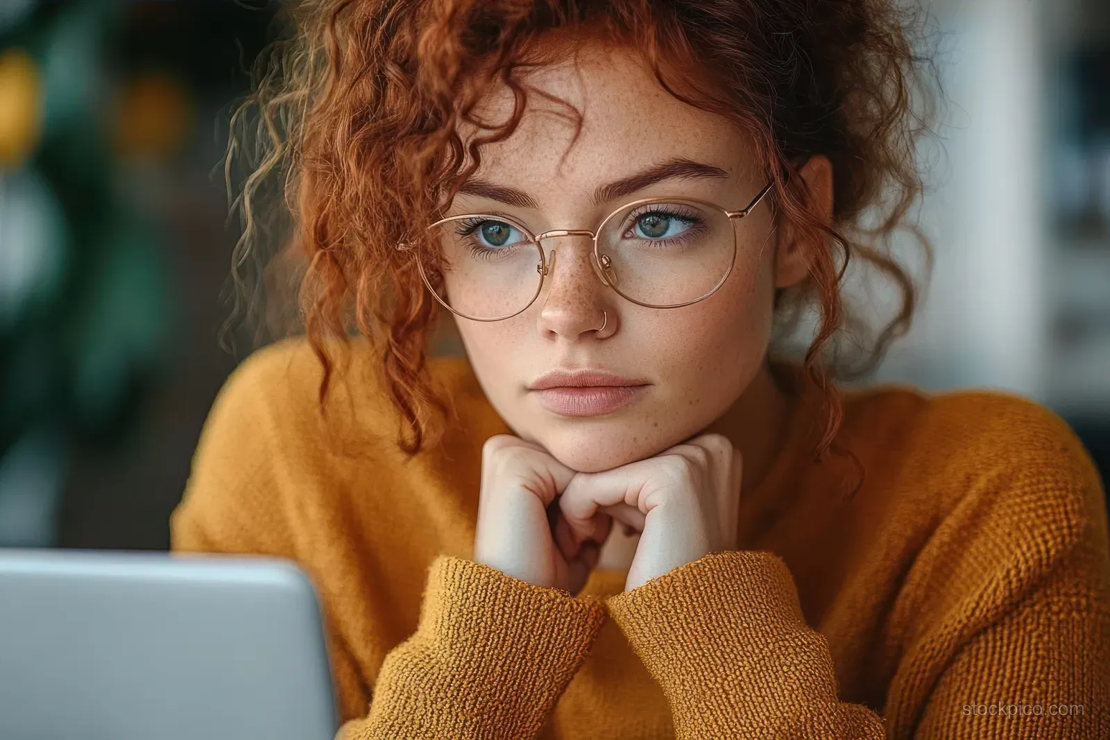 Young woman with red curly hair and glasses rests her chin on her hands while looking away indoors.
