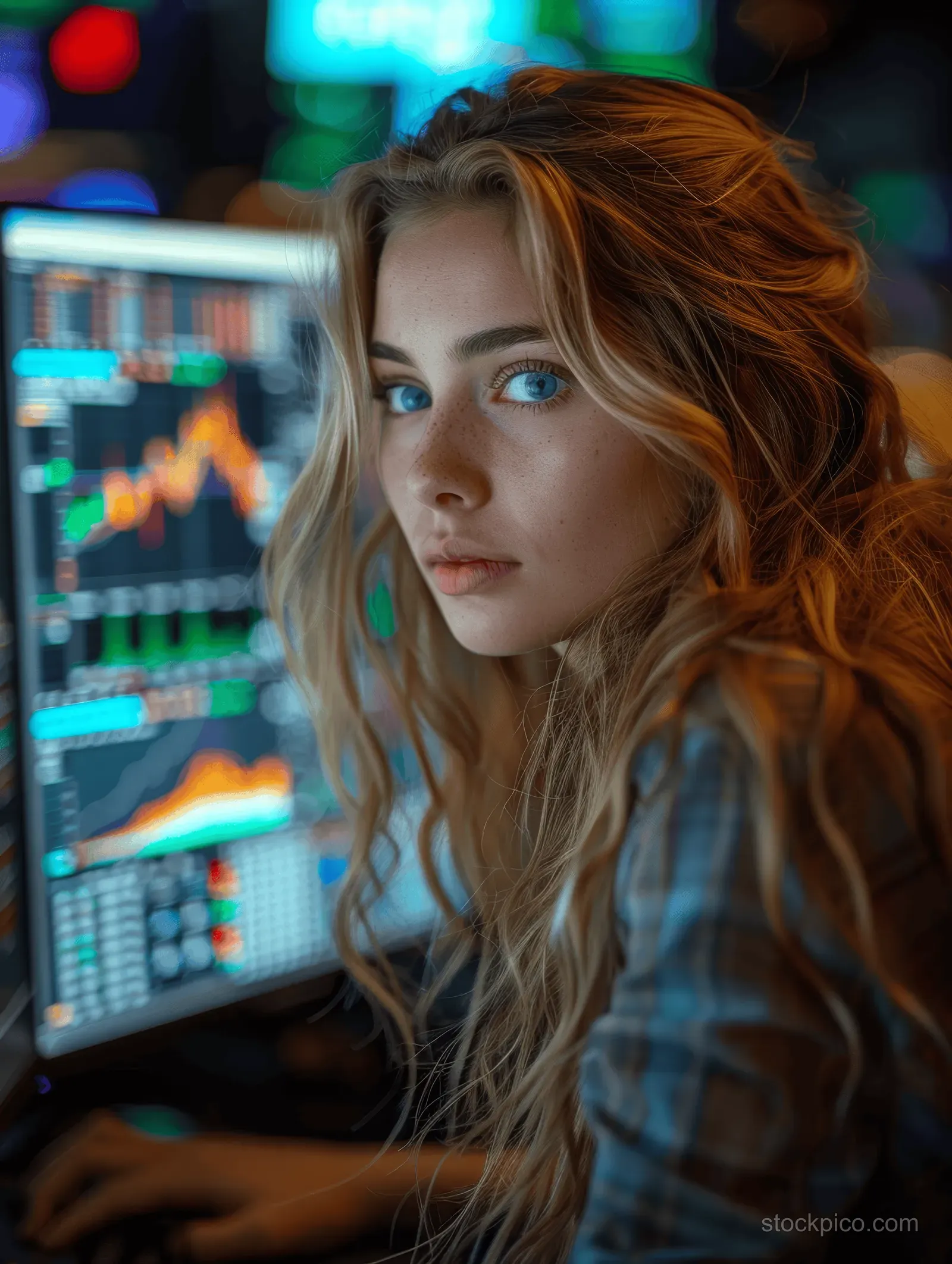 Young woman at a trading desk reviewing financial charts on computer monitors with neon data screens behind her.