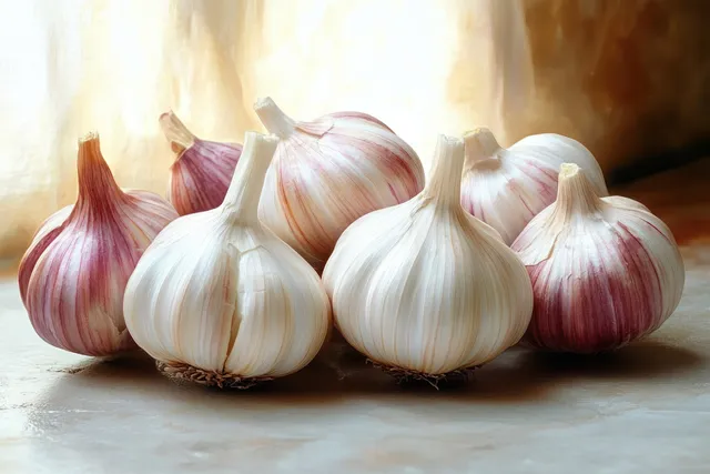 Fresh garlic bulbs on stone surface under soft warm light with white and purple skins