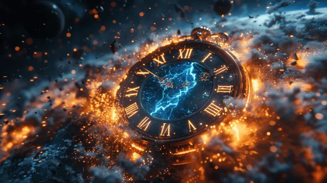 A broken pocket clock explodes in space, with roman numerals, blue light, and fiery debris swirling around it.