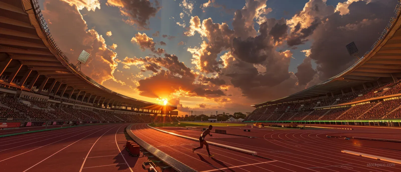Kenyan runner races on an athletics track at sunset with dramatic stadium shadows and a crowd backdrop.