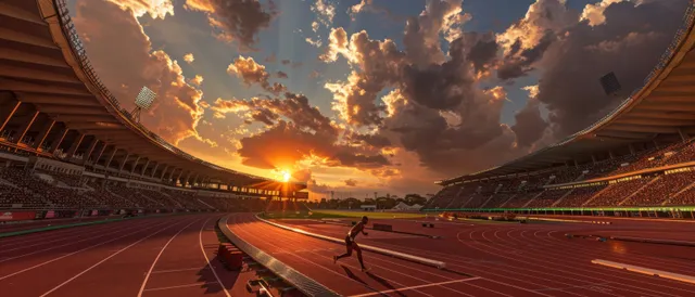 Kenyan runner surges through an 800m track at sunset, dramatic stadium shadows behind