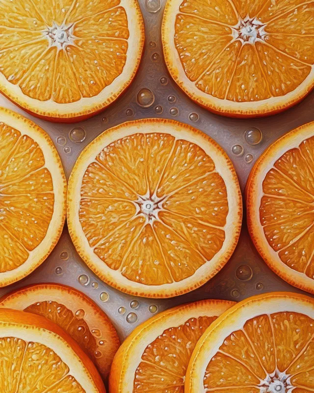 Grid of orange slices with water droplets glistening on a wet surface background.