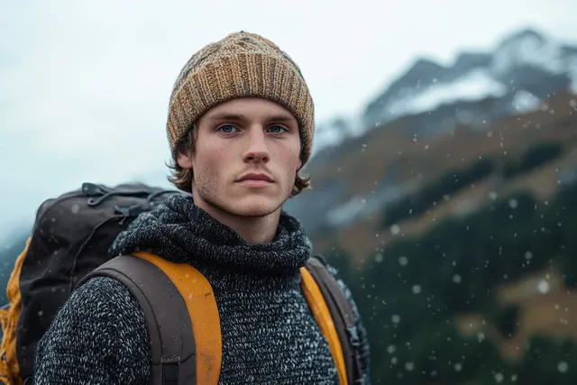 Young man in knitted hat and scarf with backpack stands before snowy mountains with snowflakes drifting in the air.
