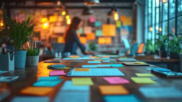 Colorful sticky notes, charts, and documents cover a conference table while people collaborate in the background.