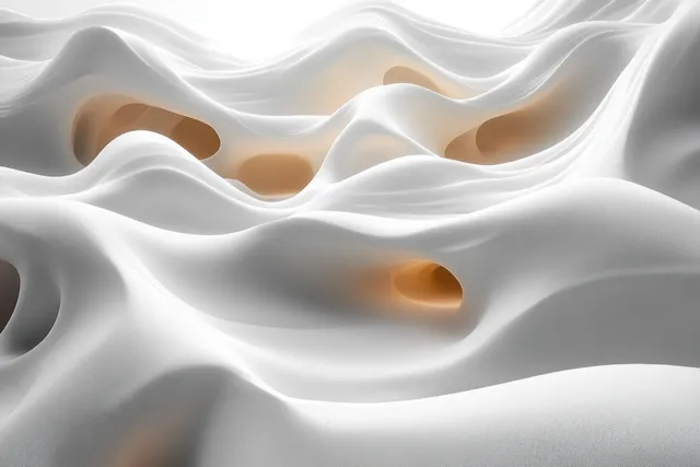 White 3D wave ripples stretch across the frame with soft light and subtle golden bumps.