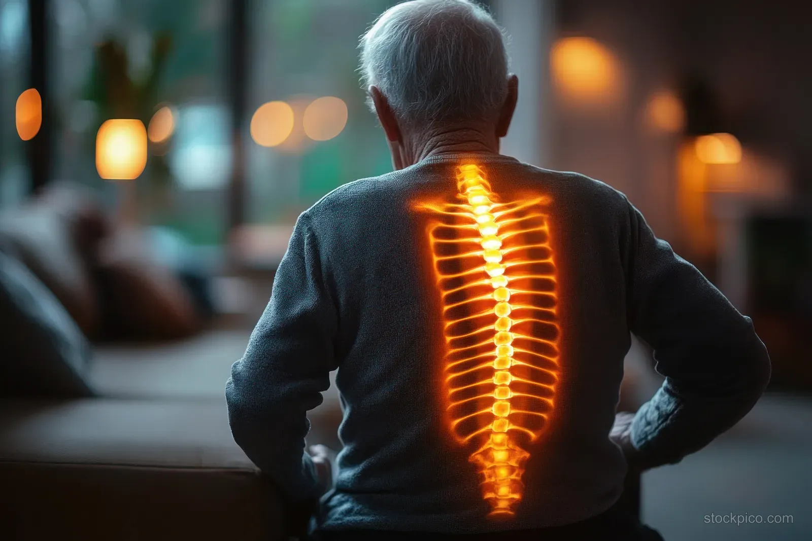 An elderly man sits indoors with a glowing highlighted spine across his back in a dim living room.