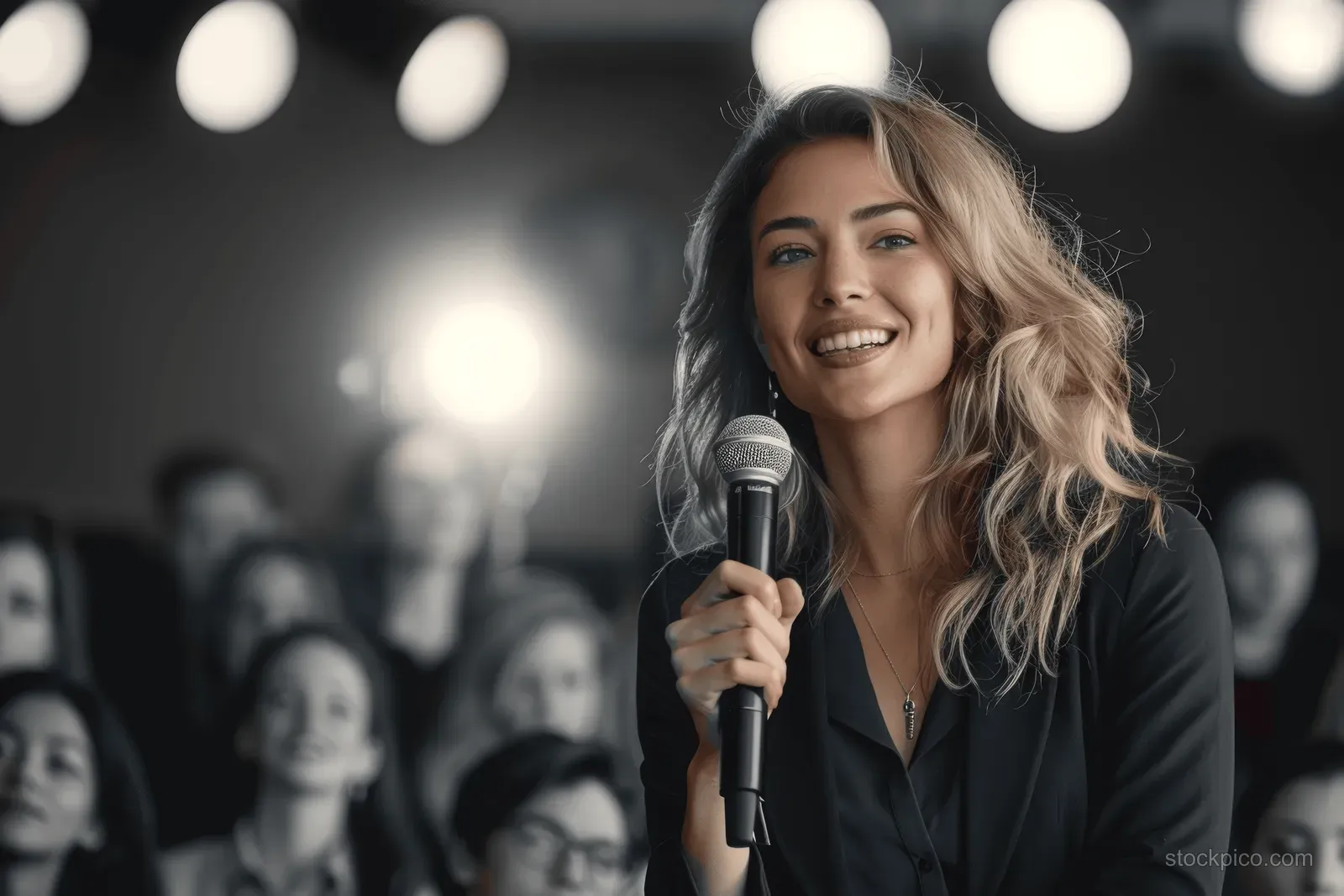 Smiling young woman holding a microphone while speaking on stage with an audience in soft focus behind her.