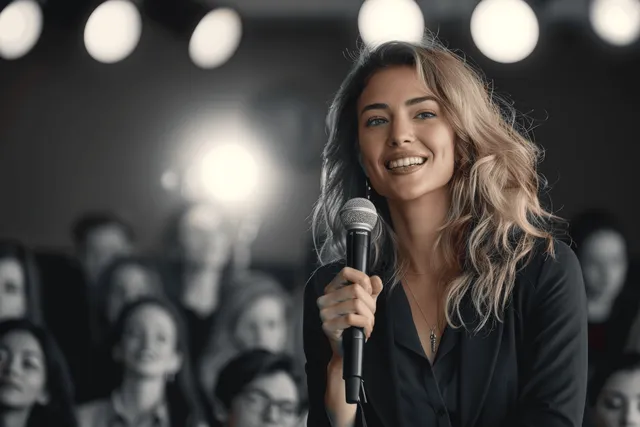 Smiling woman holding microphone and speaking on stage under bright spotlights