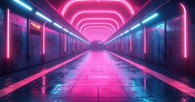 Cyberpunk corridor with pink and blue neon strips, geometric wall panels, and reflections on the glossy floor.