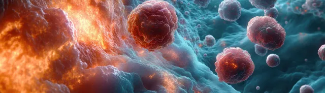Red and orange textured spherical cells float among blue glowing microscopic vesicles in a dark, illuminated background.