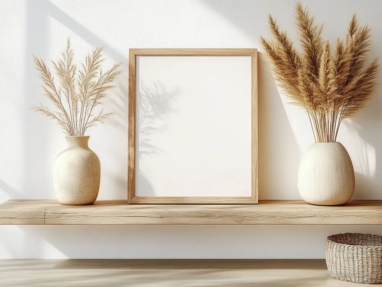 Minimal wooden picture frame on a shelf beside beige vases with pampas grass against a blank wall.