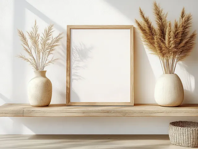 Minimalist wooden photo frame on shelf with beige pampas grass vases and warm light