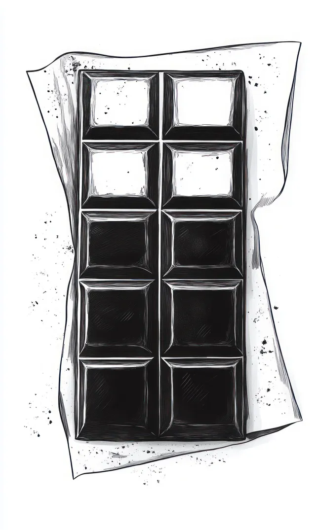 Ten square pieces of dark chocolate on crumpled white wrapping paper viewed from above.