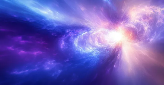A swirling purple-blue nebula surrounds a bright glowing core emitting radiant light into deep space.
