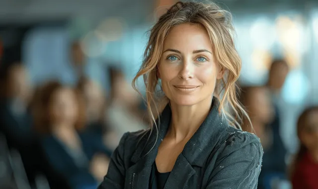 Confident middle-aged businesswoman smiling at a corporate conference with blurred audience behind her