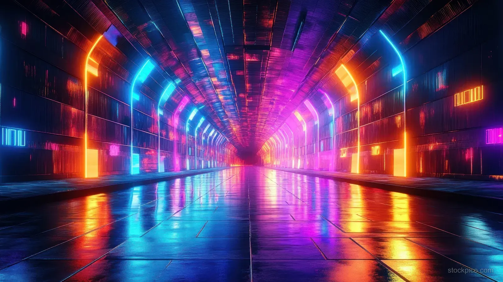Futuristic tunnel corridor lit by blue, purple, and orange neon with reflections on a wet floor.