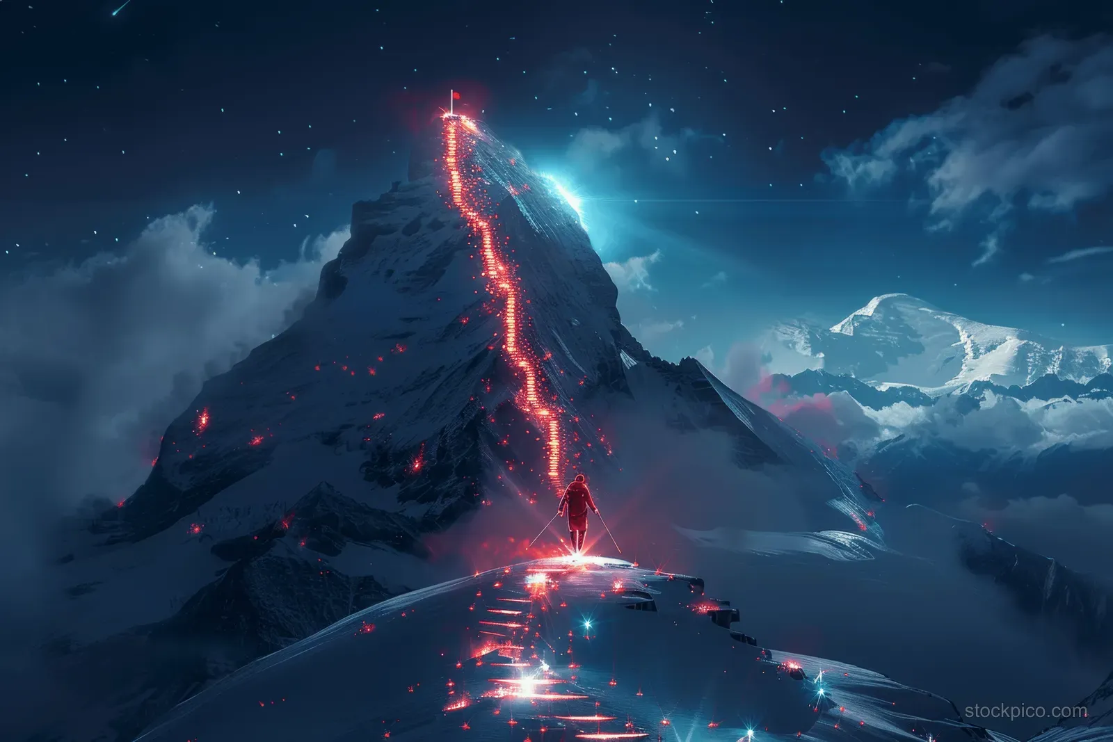 A climber ascends a glowing mountain path at night, symbolizing leadership and the journey to career success.