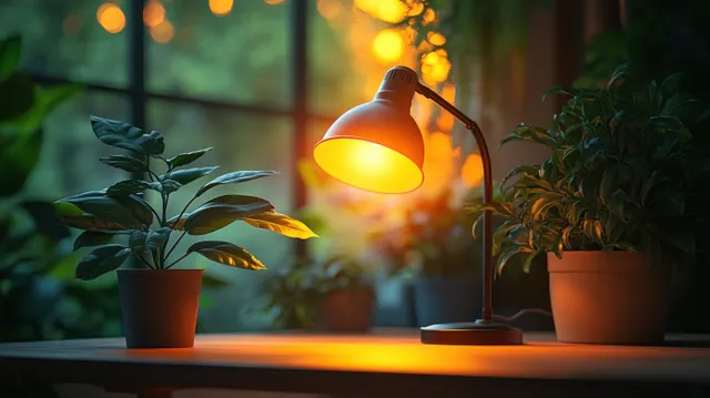 Warm desk lamp lighting potted plants on a tabletop with blurred night window lights in the background.