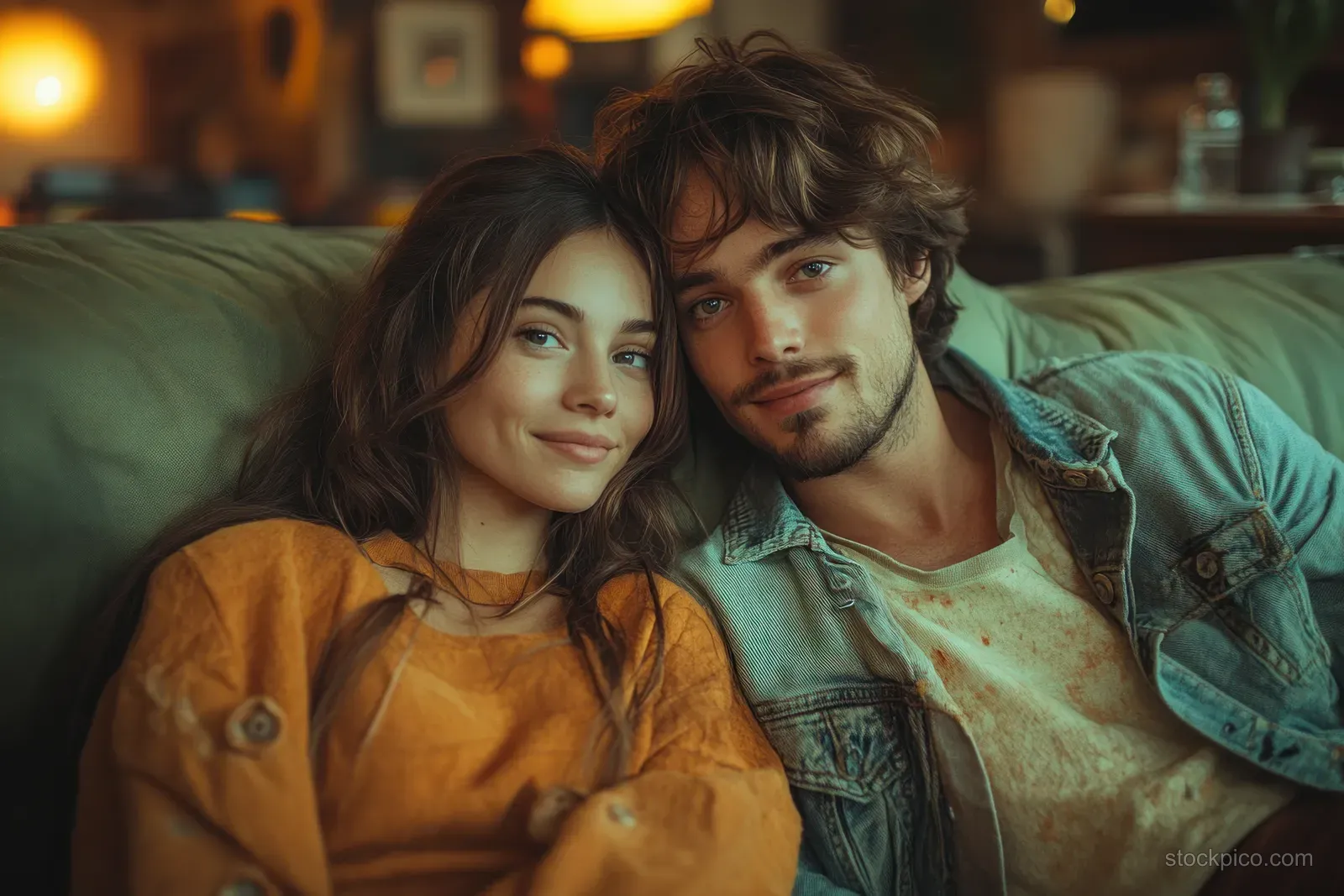 A couple cuddles on a green sofa, smiling at each other in a warm living room.