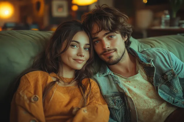 Couple cuddling on green sofa, smiling at each other in a cozy living room