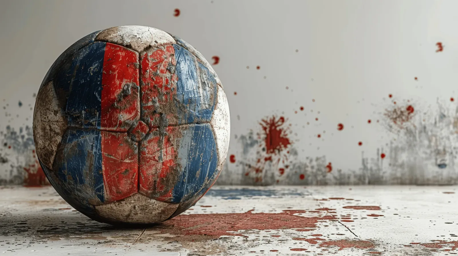 Worn French-colored soccer ball lying on a dusty floor with red paint splatters and particles.