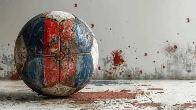 Worn French-colored soccer ball lying on a dusty floor with red paint splatters and particles.
