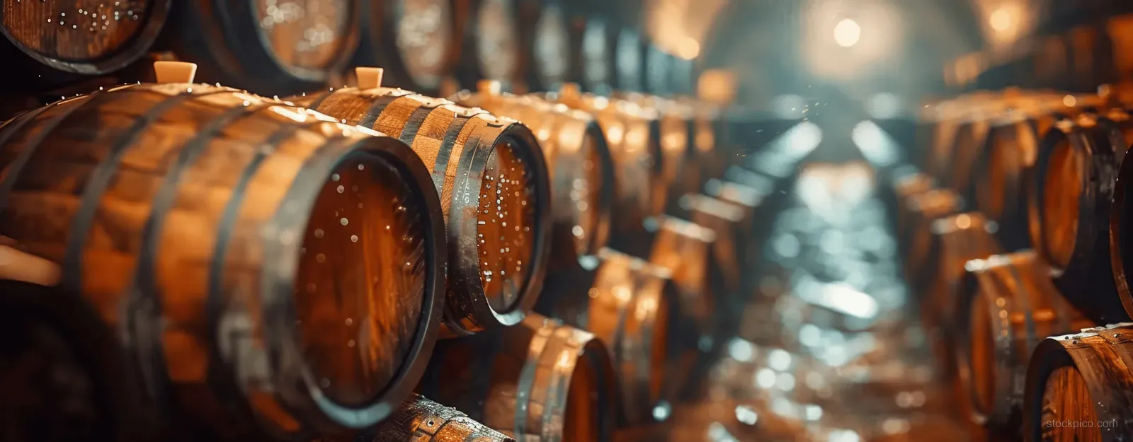 Stacked oak barrels in a historic cellar, illuminated by natural light, create a warm atmosphere for whiskey and wine aging.