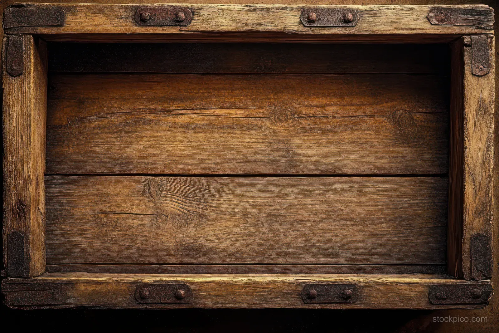 Empty weathered wooden crate with metal corner reinforcements and rough planks fills the frame against a dark background.