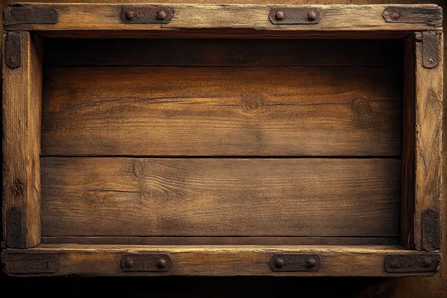 Empty weathered wooden crate with metal corner reinforcements and rough planks fills the frame against a dark background.