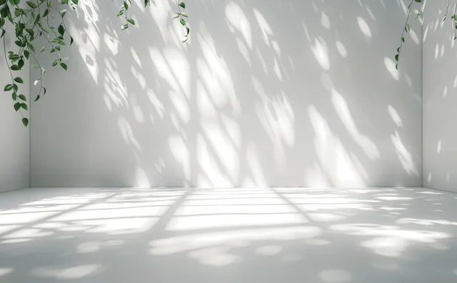 Sunlit foliage shadows stretch across a white studio room floor
