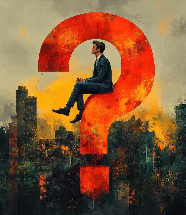 Cartoon businessman sits on a glowing red question mark above a city skyline at dusk.