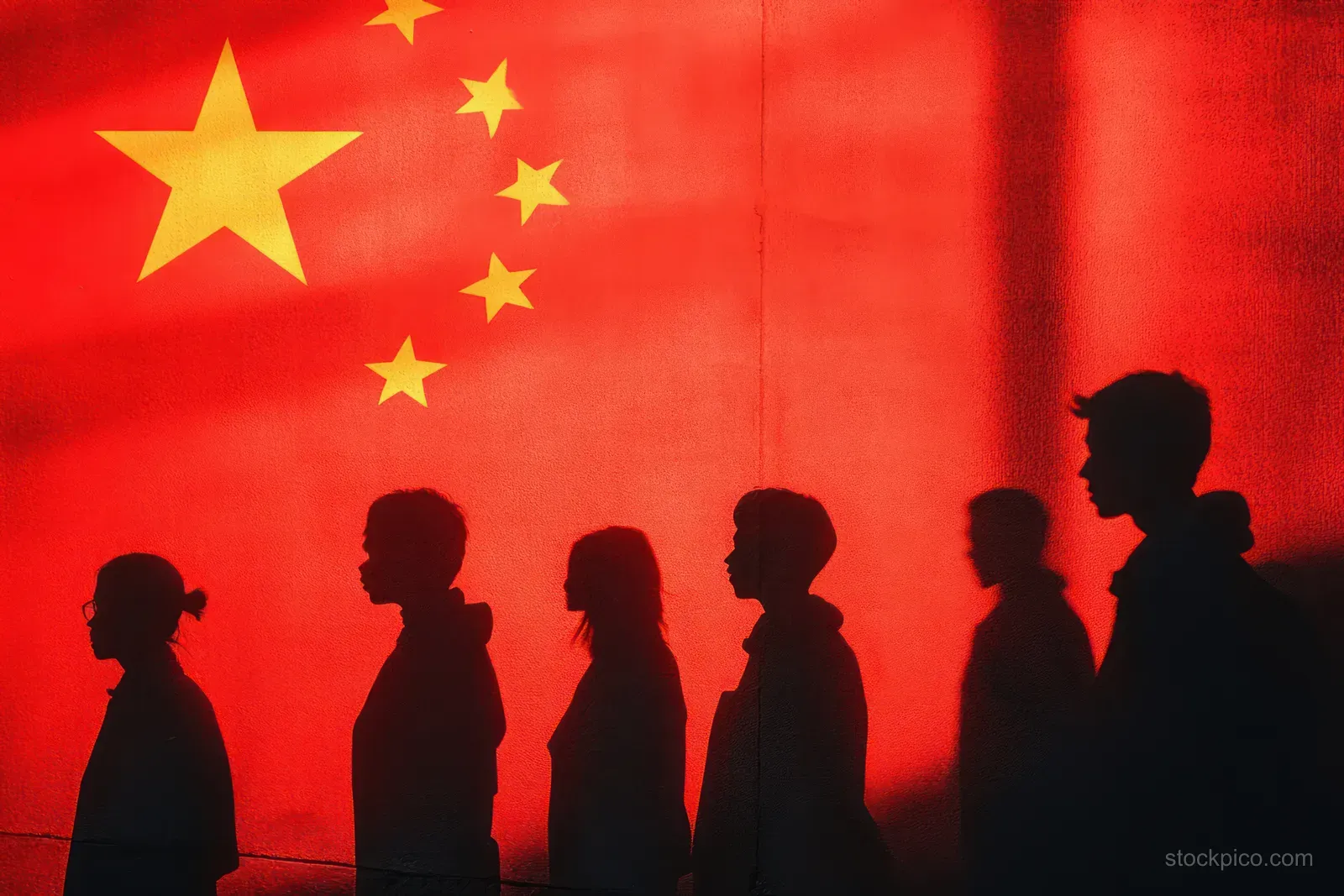 Silhouetted protesters march before China flag stars on a red background.