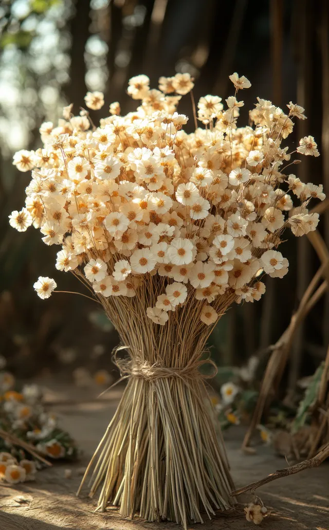 Dried wildflowers tied with twine in a rustic bundle with soft background light