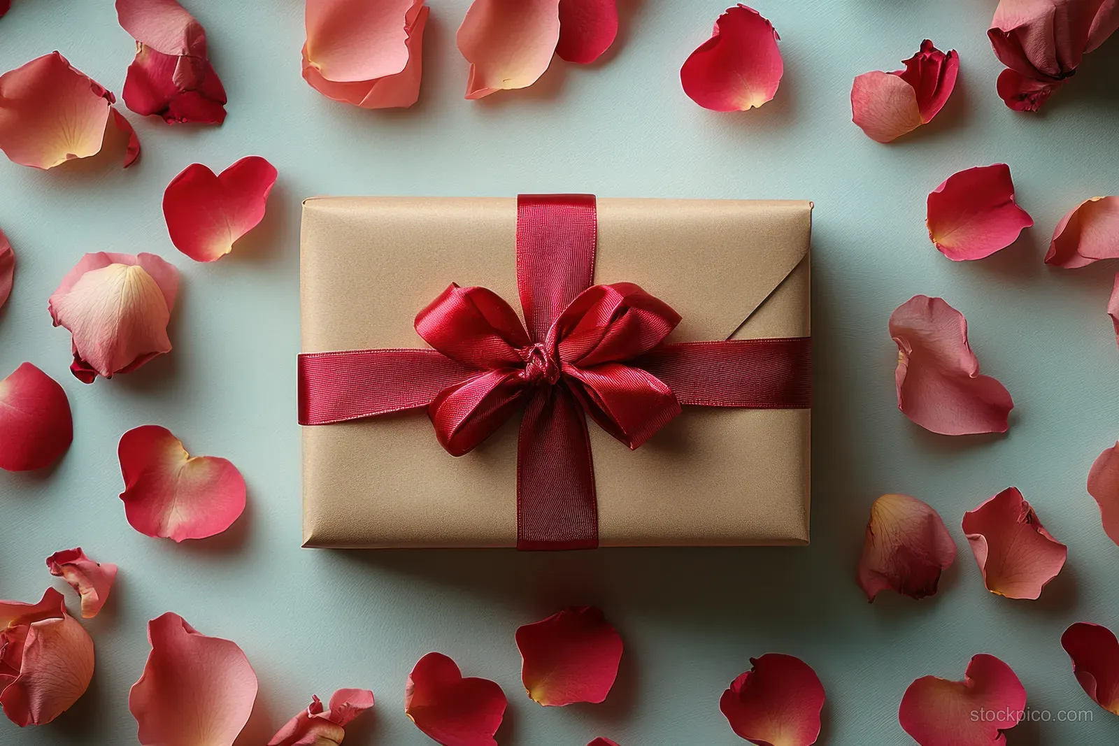 A centered gift box with a red ribbon is surrounded by scattered heart-shaped rose petals on a pastel flat lay.