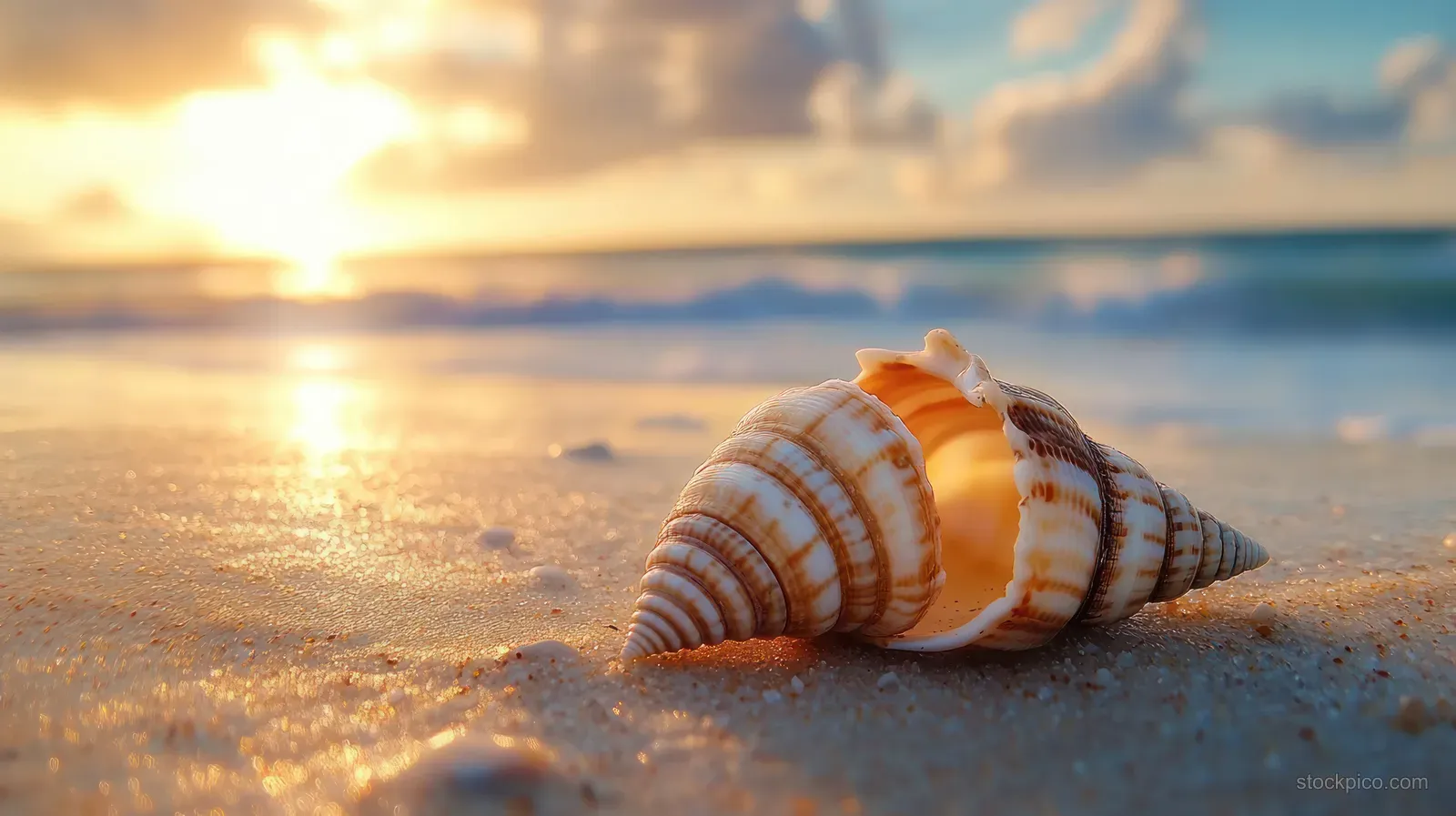 A seashell sits on sandy beach at sunset with warm reflections and a softly blurred ocean background.