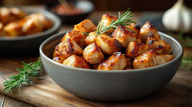 A bowl of glazed bite-sized chicken topped with rosemary on a wooden table.