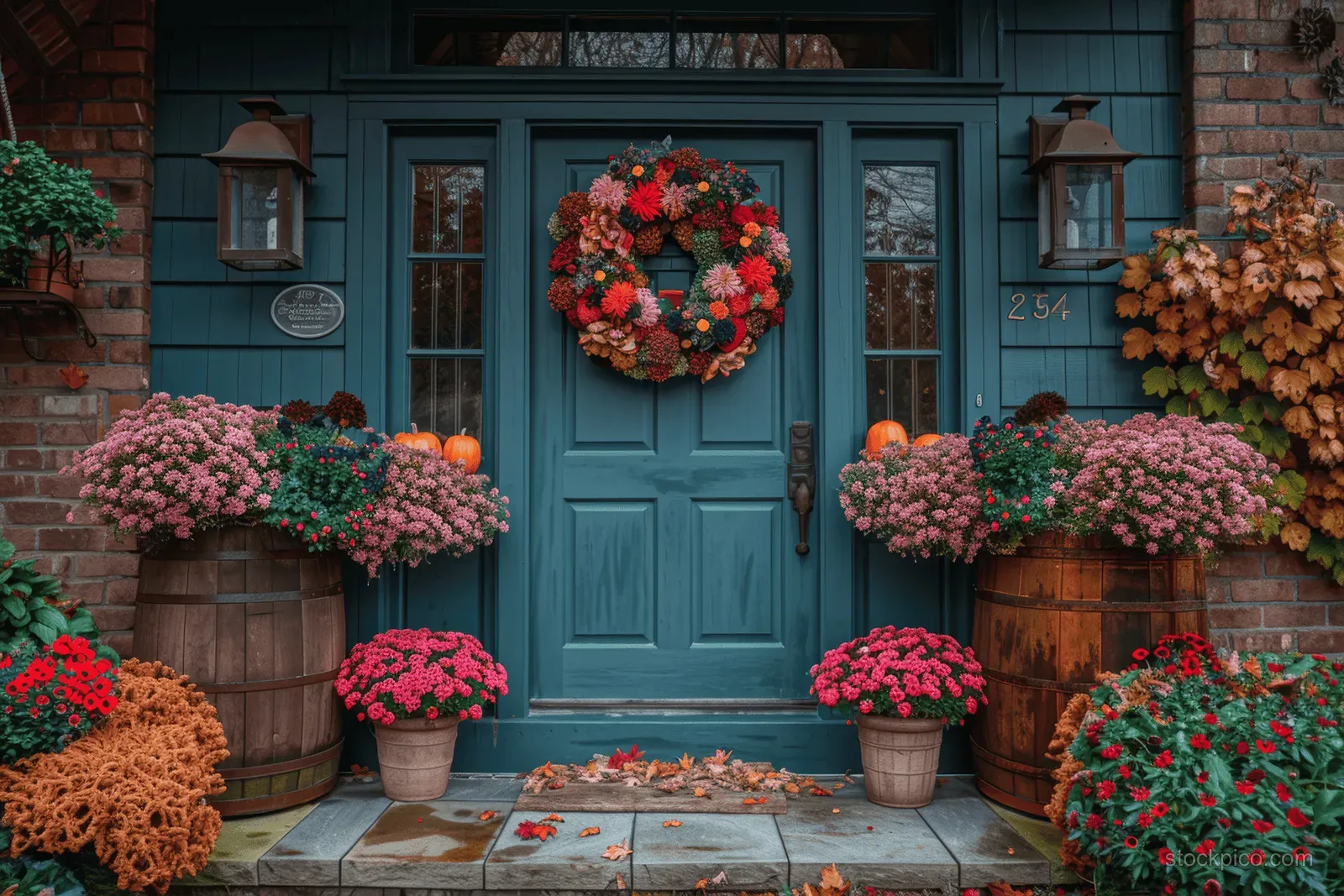 Green front door with a pumpkin wreath and wooden pots overflowing with blooming chrysanthemum flowers.